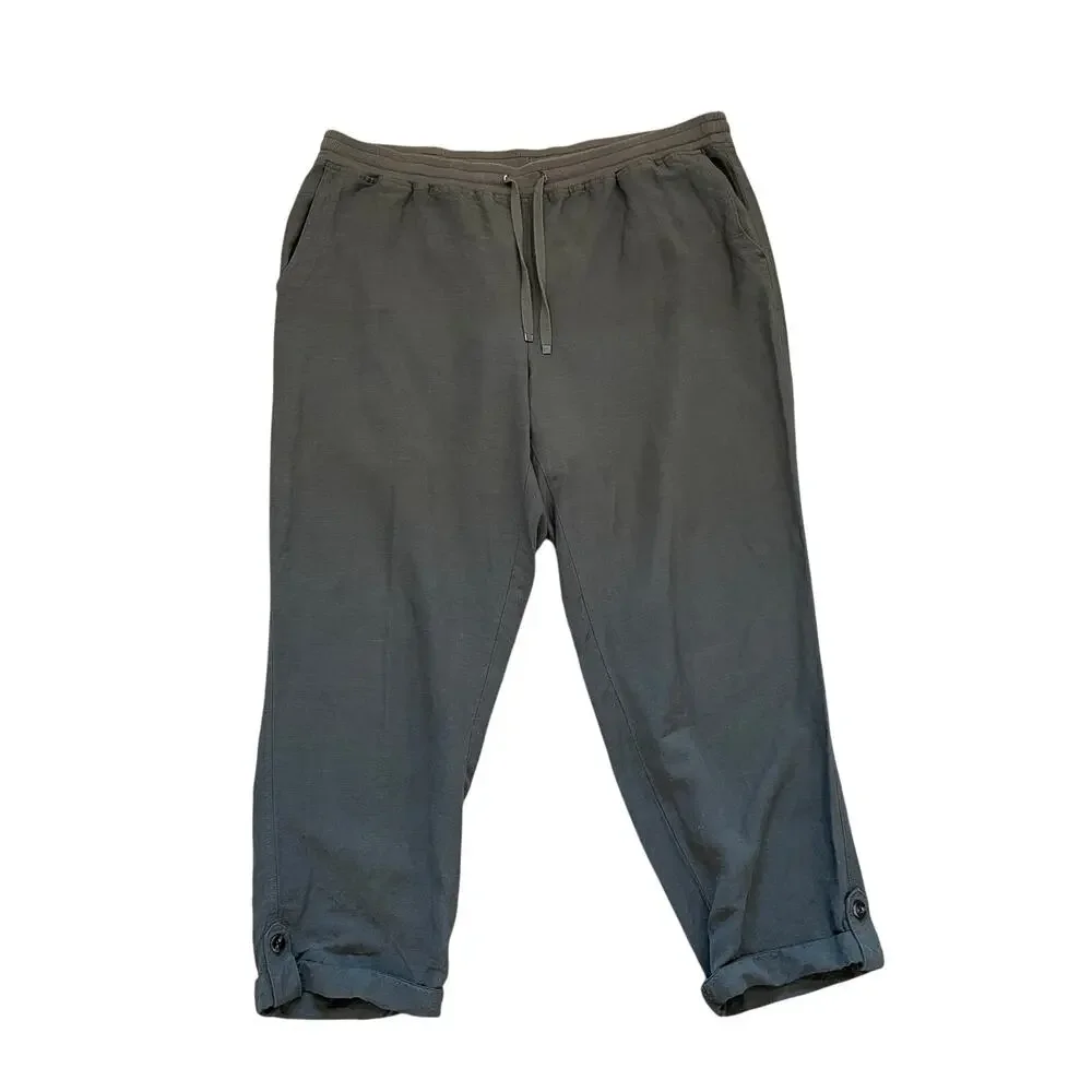 J. Jill Olive Green Linen Blend Pull On Drawstring Pants, Cuffed, Minimalist, L